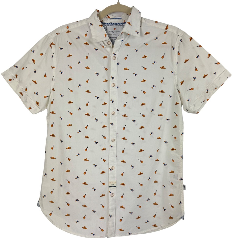 Denim & Flower Men Cinco De Mayo Sombrero Guitar Poplin Size S Slim Fit Shirt